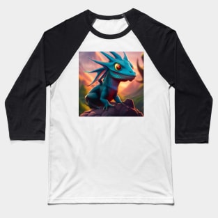 Baby Cyan Dragon on a Rock Baseball T-Shirt